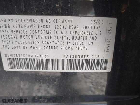 2008 Volkswagen Rabbit S with VIN WVWDB71K18W327925, listed as a IAAI auction lot 42054235 with 111,563 mi miles. Bid and sale history available at carsss.com. Image 9.
