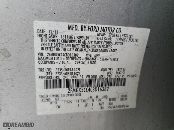 2012 Ford Flex SEL with VIN 2FMGK5CC4CBD16382, listed as a Copart auction lot 46745395 with 269,621 mi miles and Salvage Title. Bid and sale history available at carsss.com. Image 13.