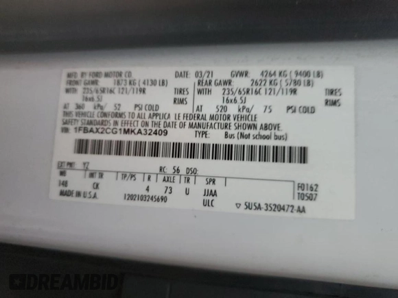 2021 Ford Transit Passenger XL с VIN 1FBAX2CG1MKA32409, выставлен на аукционе Copart как лот 48571145 с пробегом 30 993 миль миль и Списание • Salvage title. История ставок и продаж доступна на DreamBid. Изображение 13.