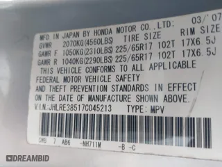 2007 Honda CR-V EX with VIN JHLRE38517C045213, listed as a IAAI auction lot 41811990 with 205,626 mi miles. Bid and sale history available at carsss.com. Image 9.
