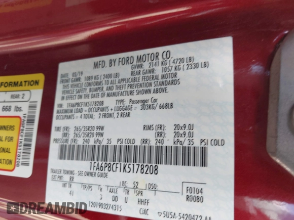 2019 Ford Mustang GT with VIN 1FA6P8CF1K5178208, listed as a IAAI auction lot 42818966 with 38,377 mi miles and . Bid and sale history available at DreamBid. Image 9.