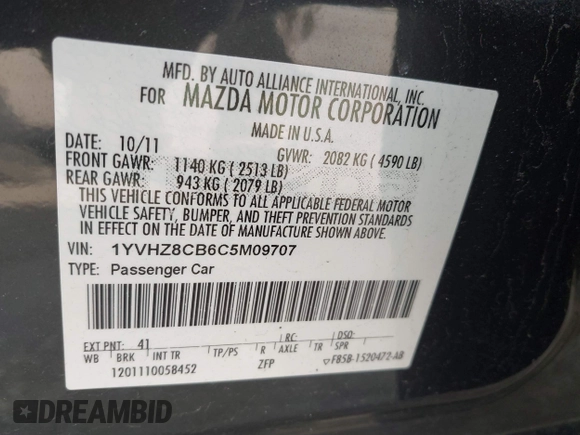 2012 Mazda 6 S Grand Touring with VIN 1YVHZ8CB6C5M09707, listed as a IAAI auction lot 41792323 with 174,070 mi miles and . Bid and sale history available at DreamBid. Image 9.