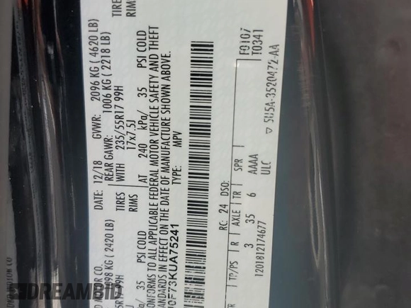 2019 Ford Escape S с VIN 1FMCU0F73KUA75241, выставлен на аукционе Copart как лот 58478265 с пробегом 144 259 миль миль и Чистый • Clean title. История ставок и продаж доступна на DreamBid. Изображение 13.