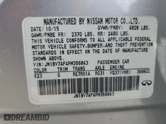 2015 Infiniti Q50 with VIN JN1BV7AP4FM356843, listed as a Copart auction lot 53702855 with 110,914 mi miles and Salvage title. Bid and sale history available at DreamBid. Image 13.
