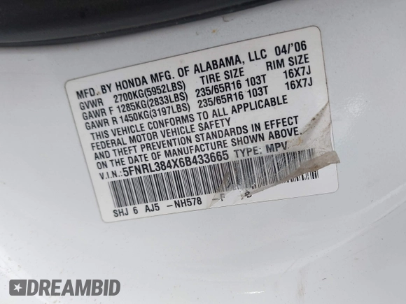2006 Honda Odyssey EX with VIN 5FNRL384X6B433665, listed as a IAAI auction lot 42027622 with 215,990 mi miles and . Bid and sale history available at DreamBid. Image 9.