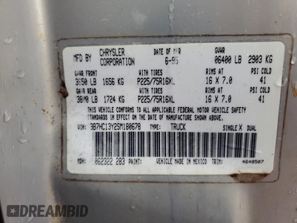 1995 Dodge 1500 with VIN 3B7HC13Y2SM180678, listed as a Copart auction lot 52900375 with Not Provided miles and Salvage Title. Bid and sale history available at DreamBid. Image 12.