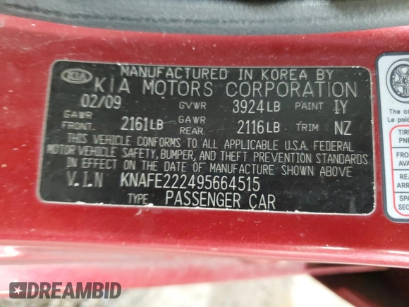2009 Kia Spectra EX with VIN KNAFE222495664515, listed as a Copart auction lot 77566074 with 151,615 mi miles and Clean Title. Bid and sale history available at carsss.com. Image 13.