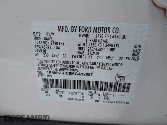 2021 Ford Explorer Platinum with VIN 1FM5K8HC6MGA92897, listed as a IAAI auction lot 41924566 with 27,456 mi miles and . Bid and sale history available at carsss.com. Image 9.