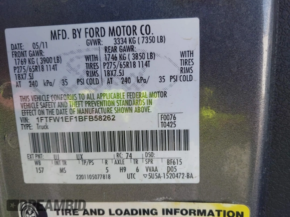 2011 Ford F-150 XL with VIN 1FTFW1EF1BFB58262, listed as a IAAI auction lot 41788963 with 157,328 mi miles. Bid and sale history available at carsss.com. Image 9.
