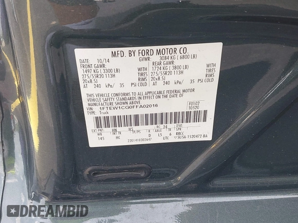 2015 Ford F-150 XL с VIN 1FTEW1CG0FFA02016, выставлен на аукционе IAAI как лот 42402094 с пробегом 145 312 миль миль и . История ставок и продаж доступна на DreamBid. Изображение 9.