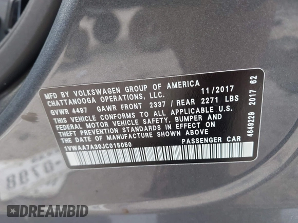 2018 Volkswagen Passat S with VIN 1VWAA7A30JC015050, listed as a IAAI auction lot 42173015 with 110,467 mi miles and . Bid and sale history available at DreamBid. Image 9.
