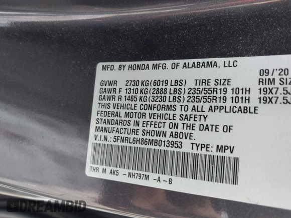 2021 Honda Odyssey Touring с VIN 5FNRL6H86MB013953, выставлен на аукционе IAAI как лот 42509136 с пробегом 79 185 миль миль и . История ставок и продаж доступна на DreamBid. Изображение 9.