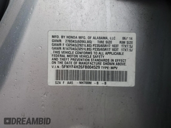2015 Honda Pilot LX with VIN 5FNYF4H26FB004529, listed as a Copart auction lot 51766975 with 64,409 mi miles and Salvage Title. Bid and sale history available at DreamBid. Image 13.