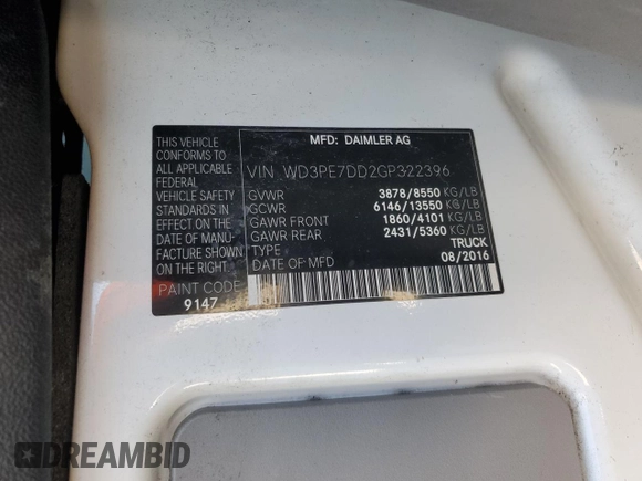 2016 Mercedes-Benz Sprinter Cargo with VIN WD3PE7DD2GP322396, listed as a Copart auction lot 49437965 with 189,127 mi miles and Salvage Title. Bid and sale history available at carsss.com. Image 15.