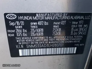 2020 Hyundai Santa Fe SEL with VIN 5NMS33AD3LH280701, listed as a Copart auction lot 43733545 with 63,086 mi miles and Salvage Title. Bid and sale history available at carsss.com. Image 15.