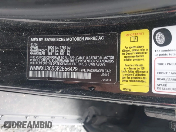 2015 MINI Hardtop 4 Door S with VIN WMWXU3C55F2B56429, listed as a IAAI auction lot 42335996 with 114,781 mi miles and . Bid and sale history available at DreamBid. Image 9.