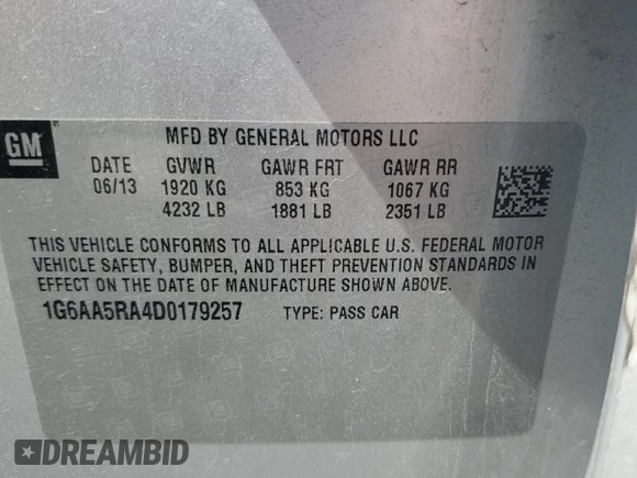 2013 Cadillac ATS with VIN 1G6AA5RA4D0179257, listed as a Copart auction lot 54173405 with 197,717 mi miles and Salvage title. Bid and sale history available at DreamBid. Image 12.