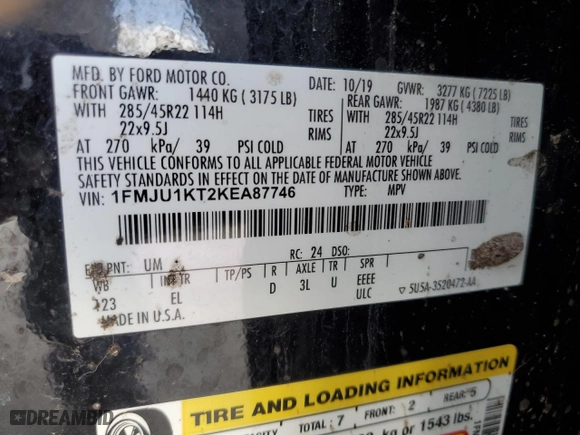 2019 Ford Expedition Limited with VIN 1FMJU1KT2KEA87746, listed as a Copart auction lot 47860455 with 0 mi miles and Non Repairable. Bid and sale history available at carsss.com. Image 13.