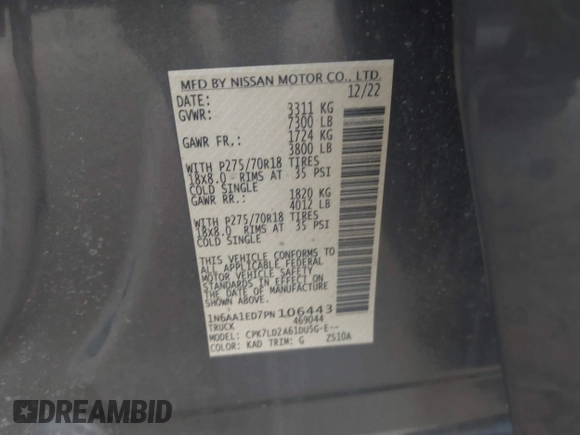 2023 Nissan Titan SV with VIN 1N6AA1ED7PN106443, listed as a IAAI auction lot 42166641 with 25,814 mi miles and . Bid and sale history available at DreamBid. Image 9.