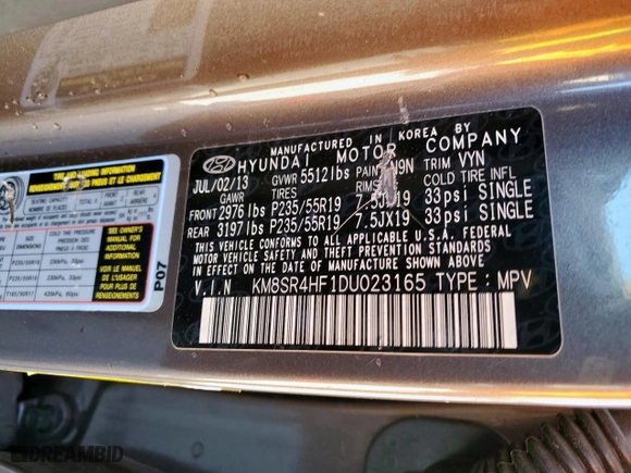 2013 Hyundai Santa Fe Limited with VIN KM8SR4HF1DU023165, listed as a Copart auction lot 49832135 with 50,627 mi miles and Salvage Title. Bid and sale history available at carsss.com. Image 13.