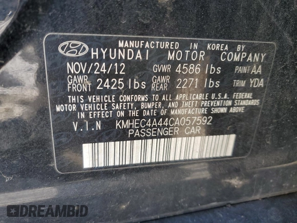 2012 Hyundai Sonata Hybrid with VIN KMHEC4A44CA057592, listed as a Copart auction lot 85784944 with 110,520 mi miles and Salvage Title. Bid and sale history available at DreamBid. Image 12.