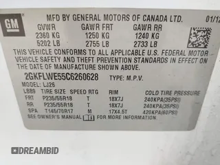 2012 GMC Terrain SLT-2 with VIN 2GKFLWE55C6260628, listed as a IAAI auction lot 41786432 with 182,825 mi miles. Bid and sale history available at carsss.com. Image 9.