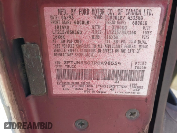 1993 Ford F-350 with VIN 2FTJW35G7PCA98554, listed as a IAAI auction lot 41909172 with Not provided miles and . Bid and sale history available at DreamBid. Image 9.