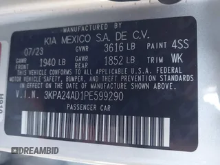 2023 Kia Rio LX with VIN 3KPA24AD1PE599290, listed as a IAAI auction lot 41023283 with 10,027 mi miles and . Bid and sale history available at DreamBid. Image 9.