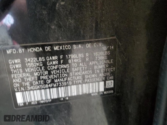 2015 Honda Fit EX with VIN 3HGGK5G84FM733919, listed as a Copart auction lot 89266455 with Not provided miles and Salvage title. Bid and sale history available at DreamBid. Image 14.