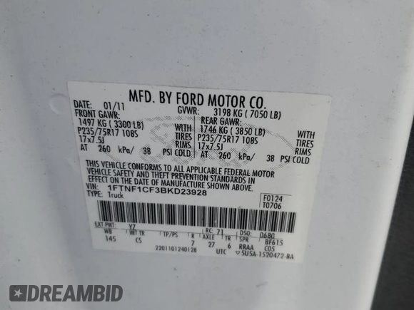 2011 Ford F-150 XL with VIN 1FTNF1CF3BKD23928, listed as a Copart auction lot 50884685 with 245,550 mi miles and Clean Title. Bid and sale history available at DreamBid. Image 12.