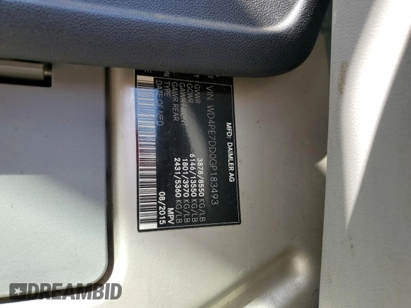 2016 Mercedes-Benz Sprinter with VIN WD4PE7DD0GP183493, listed as a Copart auction lot 69262844 with 1,000 mi miles and Salvage Title. Bid and sale history available at DreamBid. Image 13.