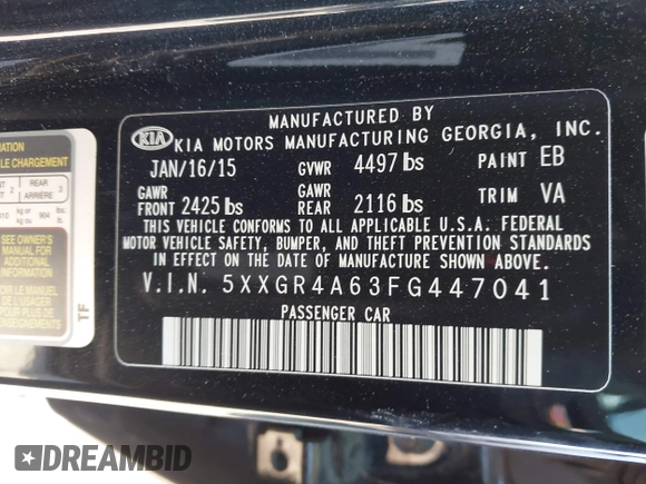 2015 Kia Optima SX Turbo with VIN 5XXGR4A63FG447041, listed as a IAAI auction lot 41812337 with 177,868 mi miles. Bid and sale history available at carsss.com. Image 9.