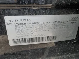 2007 Audi A4 2.0T with VIN WAUAF78E47A060120, listed as a Copart auction lot 51711035 with 108,291 mi miles and Salvage Title. Bid and sale history available at carsss.com. Image 14.