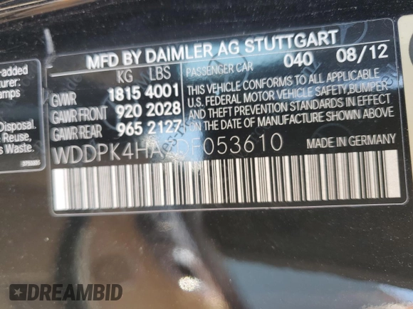 2013 Mercedes-Benz SLK 250 with VIN WDDPK4HA7DF053610, listed as a Copart auction lot 47421125 with 118,578 mi miles and Clean title. Bid and sale history available at DreamBid. Image 12.