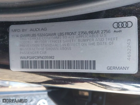 2015 Audi A6 3.0T Premium Plus with VIN WAUFGAFC9FN035982, listed as a IAAI auction lot 41832535 with 152,759 mi miles. Bid and sale history available at carsss.com. Image 9.