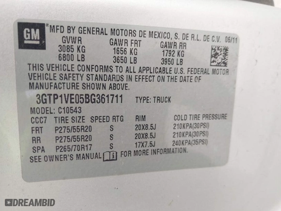 2011 GMC Sierra 1500 SLE with VIN 3GTP1VE05BG361711, listed as a IAAI auction lot 41927412 with 105,095 mi miles. Bid and sale history available at carsss.com. Image 9.