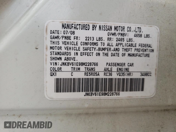 2008 Infiniti G35 Journey with VIN JNKBV61E98M228766, listed as a Copart auction lot 60345775 with 166,657 mi miles and Salvage title. Bid and sale history available at DreamBid. Image 12.
