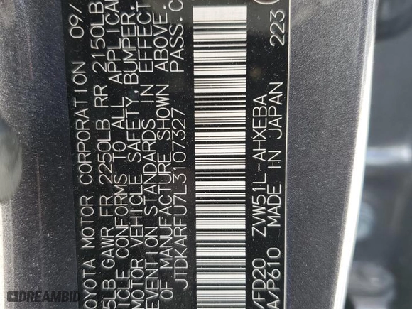 2020 Toyota Prius L Eco with VIN JTDKARFU7L3107327, listed as a Copart auction lot 48572665 with 97,328 mi miles and Salvage Title. Bid and sale history available at carsss.com. Image 15.