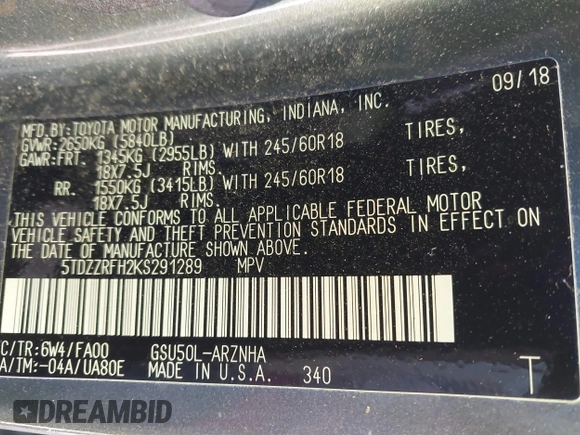 2019 Toyota Highlander LE with VIN 5TDZZRFH2KS291289, listed as a IAAI auction lot 41561219 with 125,744 mi miles and . Bid and sale history available at DreamBid. Image 9.