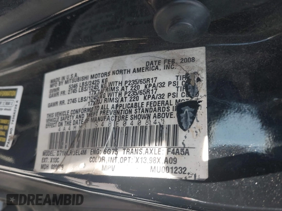2008 Mitsubishi Endeavor SE with VIN 4A4MM31S48E040841, listed as a IAAI auction lot 42516117 with 175,924 mi miles and . Bid and sale history available at DreamBid. Image 9.