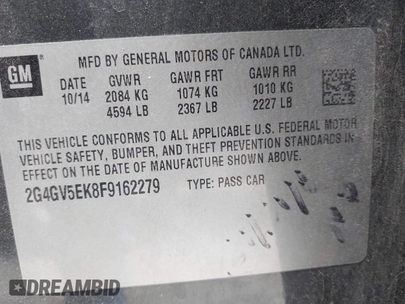 2015 Buick Regal с VIN 2G4GV5EK8F9162279, выставлен на аукционе IAAI как лот 41573488 с пробегом 124 589 миль миль и . История ставок и продаж доступна на DreamBid. Изображение 9.