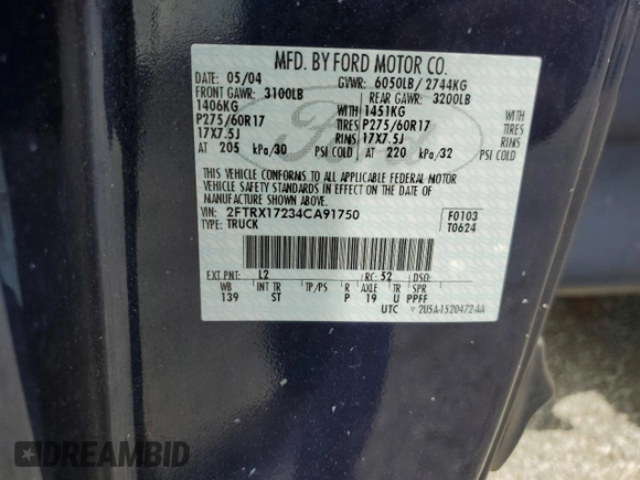 2004 Ford F-150 XL with VIN 2FTRX17234CA91750, listed as a Copart auction lot 60951485 with 243,621 mi miles and Salvage title. Bid and sale history available at DreamBid. Image 12.