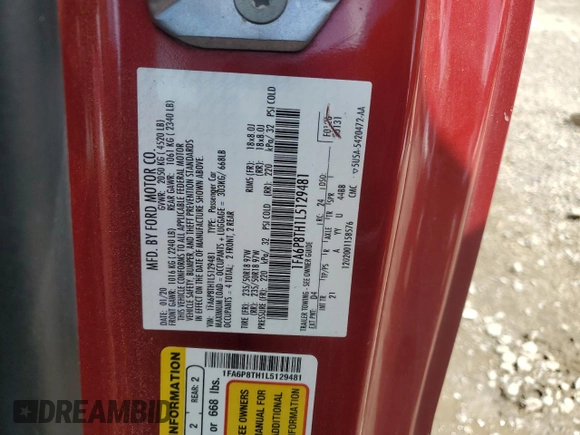 2020 Ford Mustang EcoBoost with VIN 1FA6P8TH1L5129481, listed as a Copart auction lot 62008175 with 86,910 mi miles and Clean title. Bid and sale history available at DreamBid. Image 12.
