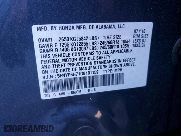 2016 Honda Pilot EX-L with VIN 5FNYF6H71GB101159, listed as a Copart auction lot 42402645 with 99,635 mi miles and Salvage Title. Bid and sale history available at carsss.com. Image 12.