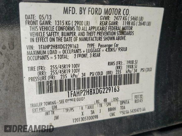 2013 Ford Taurus SEL with VIN 1FAHP2H8XDG229163, listed as a Copart auction lot 71637534 with 120,525 mi miles and Clean Title. Bid and sale history available at DreamBid. Image 12.