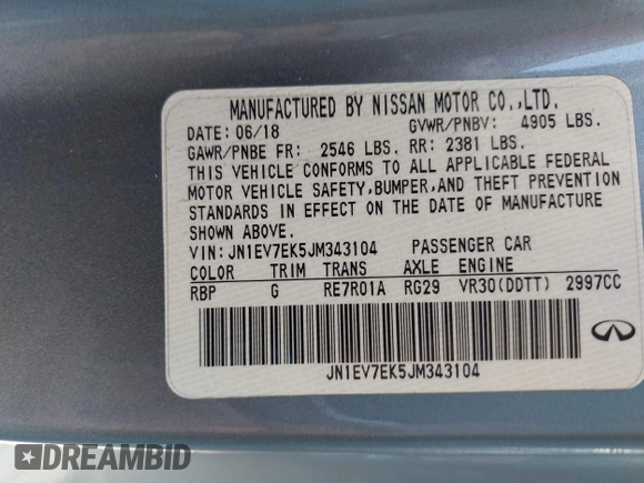2018 Infiniti Q60 Sport with VIN JN1EV7EK5JM343104, listed as a IAAI auction lot 42492429 with 80,164 mi miles and . Bid and sale history available at DreamBid. Image 9.