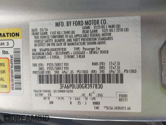 2016 Ford Fusion SE Hybrid with VIN 3FA6P0LU0GR397830, listed as a IAAI auction lot 41785627 with 185,988 mi miles. Bid and sale history available at carsss.com. Image 9.