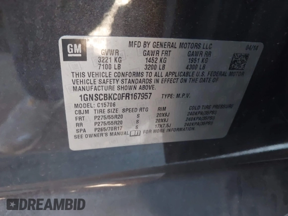 2015 Chevrolet Tahoe LT with VIN 1GNSCBKC0FR167957, listed as a IAAI auction lot 41526568 with Not provided miles and . Bid and sale history available at DreamBid. Image 9.