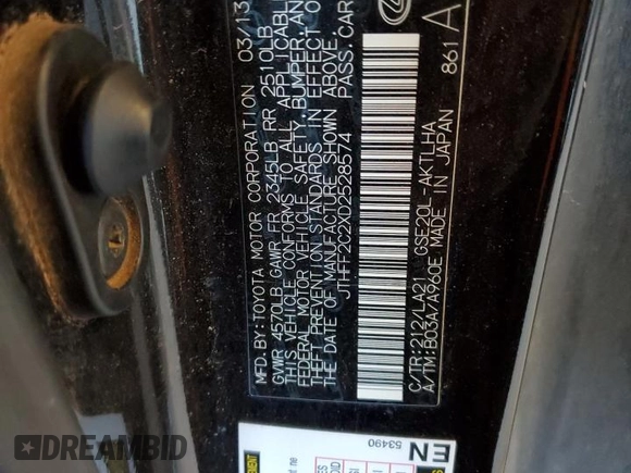 2013 Lexus IS 250 C with VIN JTHFF2C2XD2528574, listed as a Copart auction lot 81268344 with Not provided miles and Salvage title. Bid and sale history available at DreamBid. Image 12.