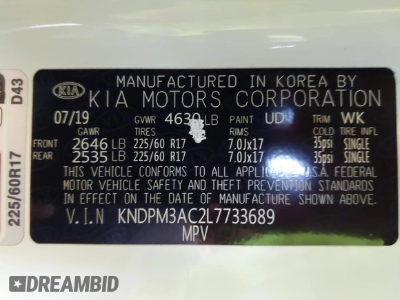 2020 Kia Sportage LX with VIN KNDPM3AC2L7733689, listed as a IAAI auction lot 41858043 with 93,979 mi miles and . Bid and sale history available at DreamBid. Image 9.